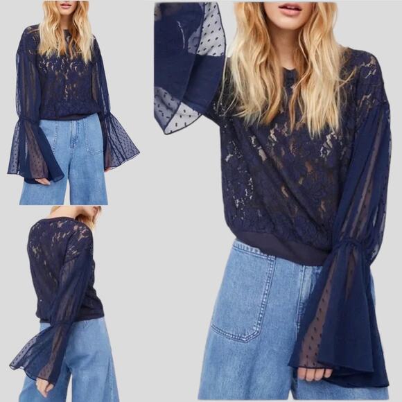 Free People Something Like Love Lace Long Sleeve Top Navy Women XS to Medium - Picture 1 of 9